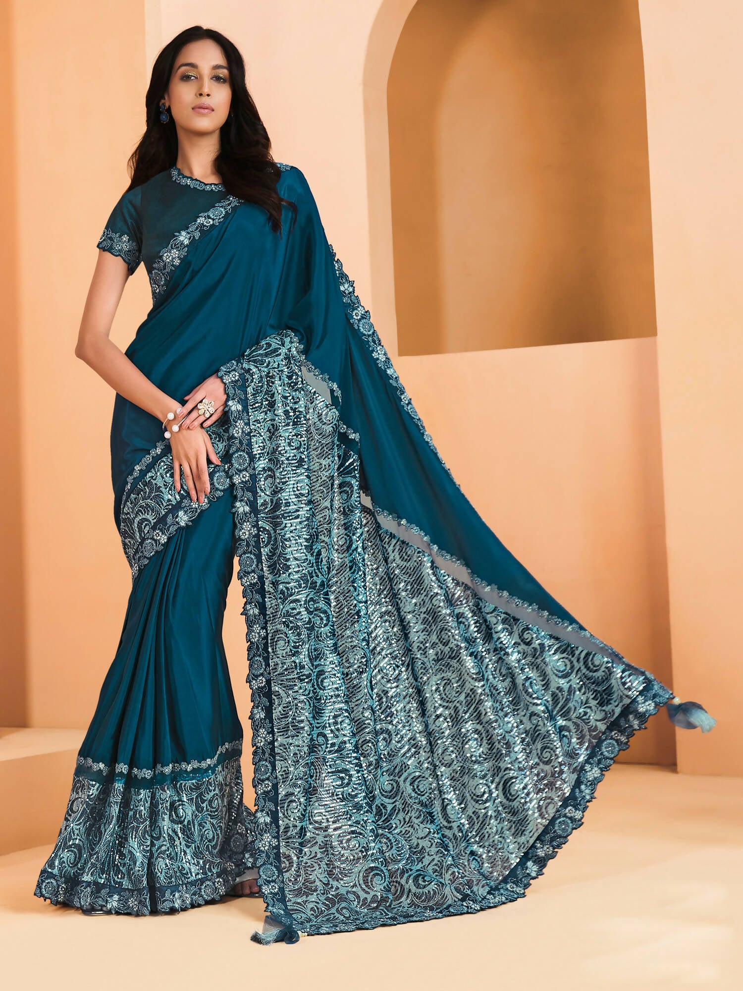Teal Satin Crepe Silk Sequence Embroidered Saree With Unstitched Blouse - Mohmanthan Yavanika - Distacart