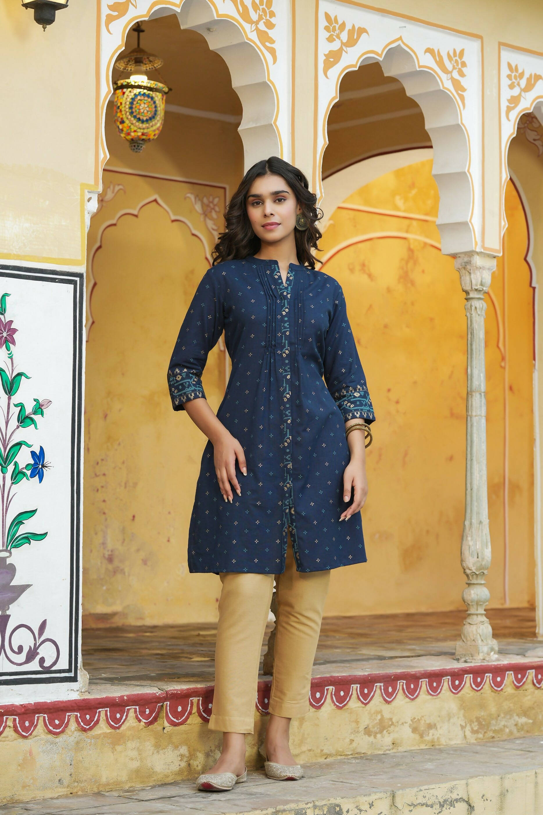 Juniper Women's Blue Cotton Flex Printed A-Line Kurta - Distacart