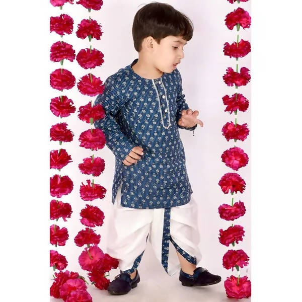 Little Bansi Indigo and White Cplor Bengali Kantha work floral kurta with Dhoti