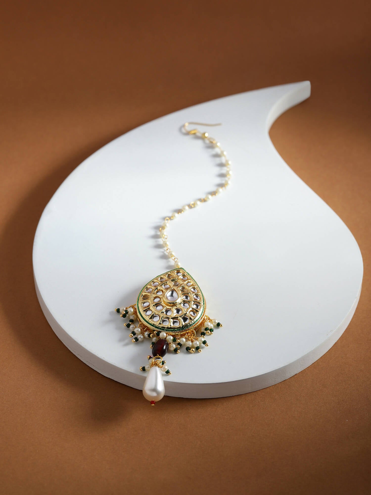 Gold-Plated White Green Kundan-Studded Pearl Beaded Maang Tikka - Ruby Raang - Distacart