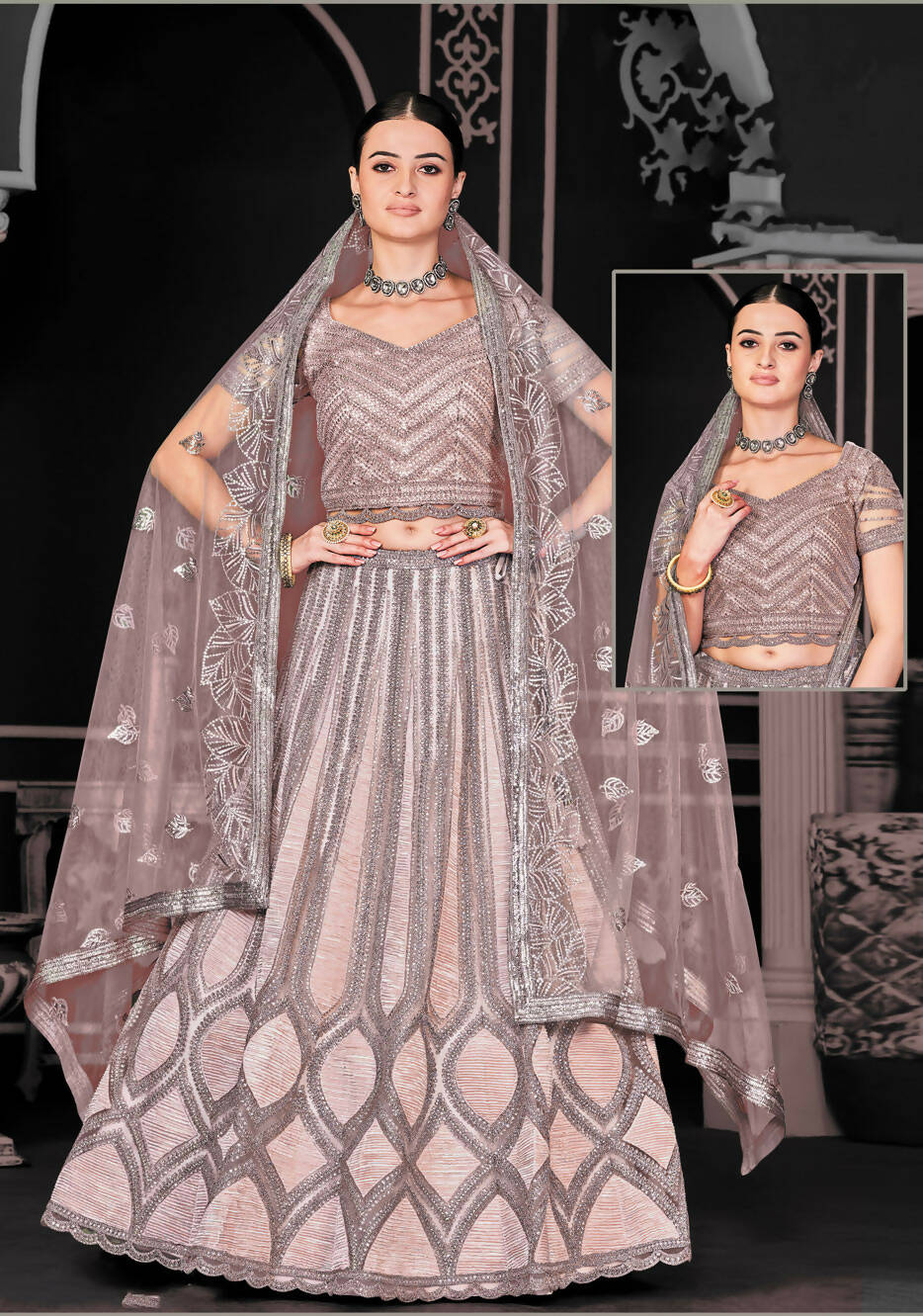 Light Brown Net Semi-Stitched Bridal Lehenga - Nimayaa Bonanza - Distacart