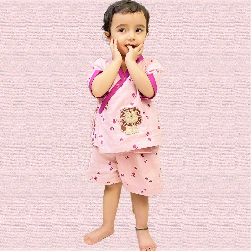 Mhyssa Mufasa Half Sleeve Wrap Style Pink T-shirt With Shorts Set For Kids - Distacart