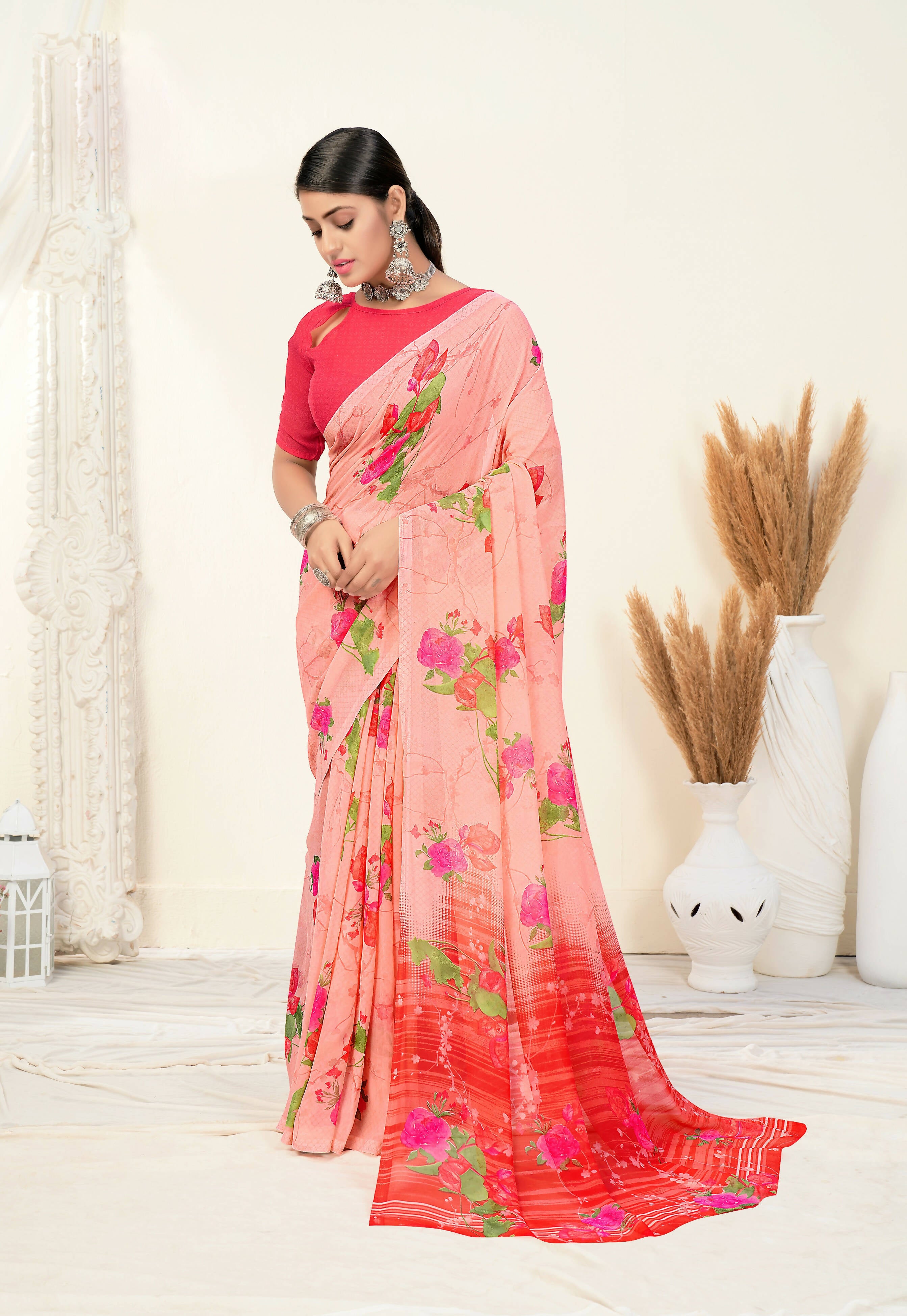 Peach Georgette Floral Printed Saree With Unstitched Blouse Piece - Jyoti - Distacart