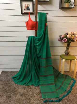 Exclusive Collection Khadi Cotton Handloom Khesh Saree With Blouse Piece - Green - Distacart