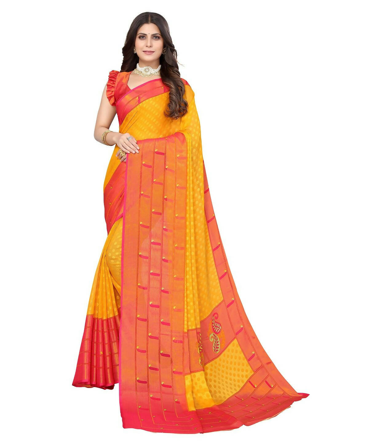 Vamika Yellow Chiffon Brasso Bollywood Style Woven Saree (DIMPLE YELLOW) - Distacart