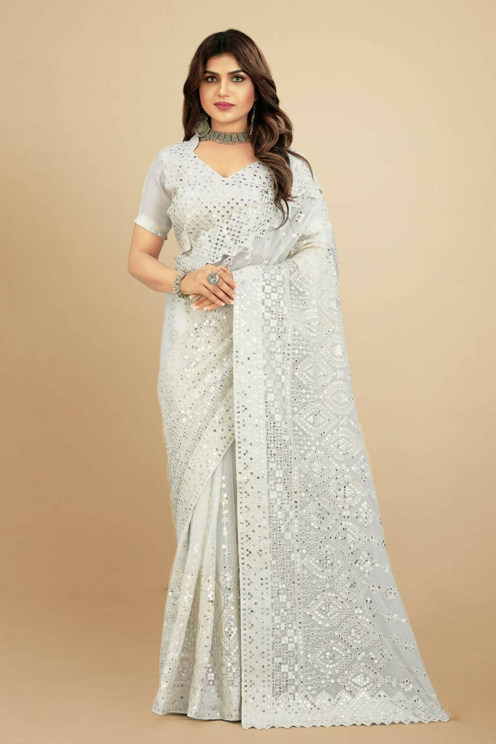 Vastrasky White Georgette Designer Saree - Distacart