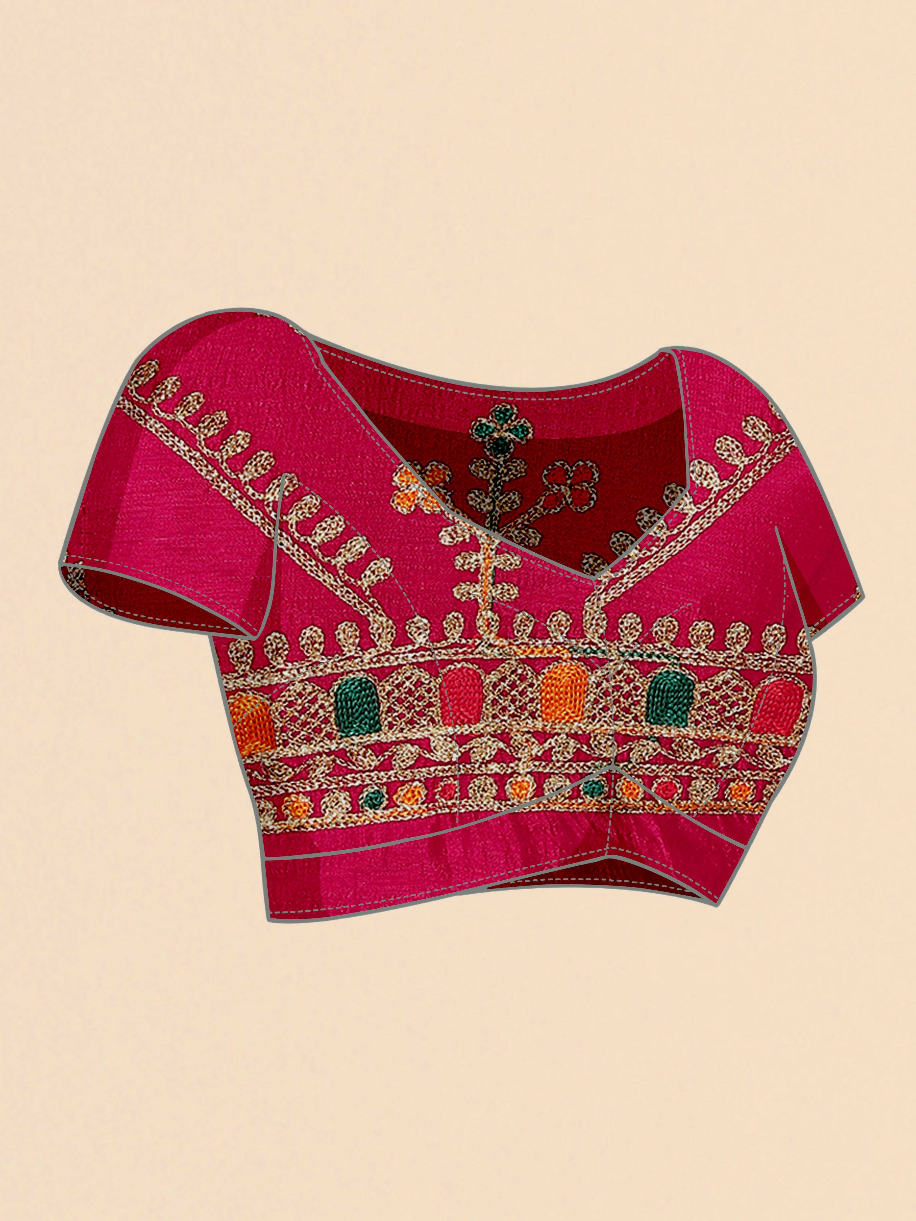 Pink Chinon Embroidered Saree with Unstitched Blouse Piece - Roozal - Distacart