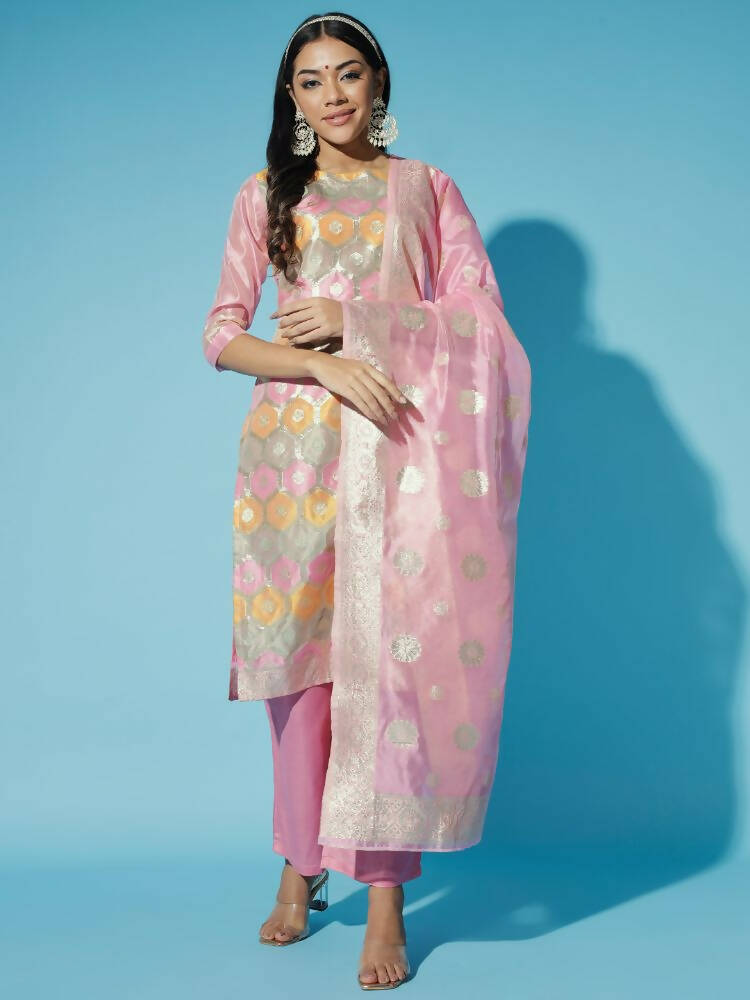 Myshka Women Pink Printed Kurta & Trousers With Dupatta - Distacart
