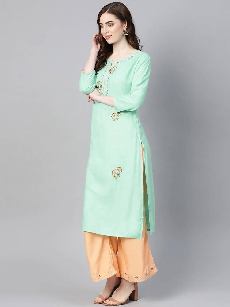 Yufta Women Sea Green & Peach Embroidered Kurta with Palazzo