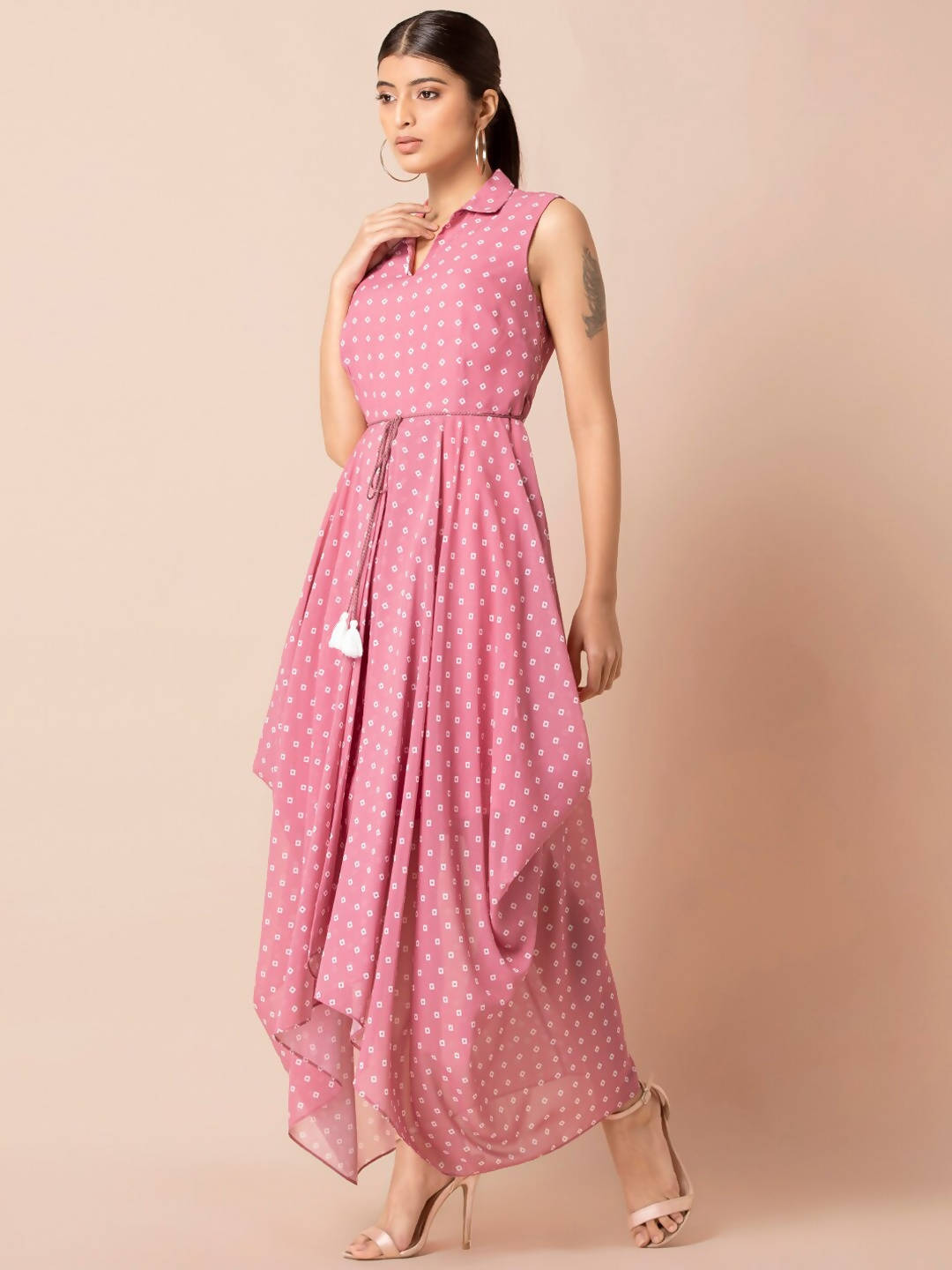 Indya Pink & White Bandhani Printed Maxi Dress - Distacart