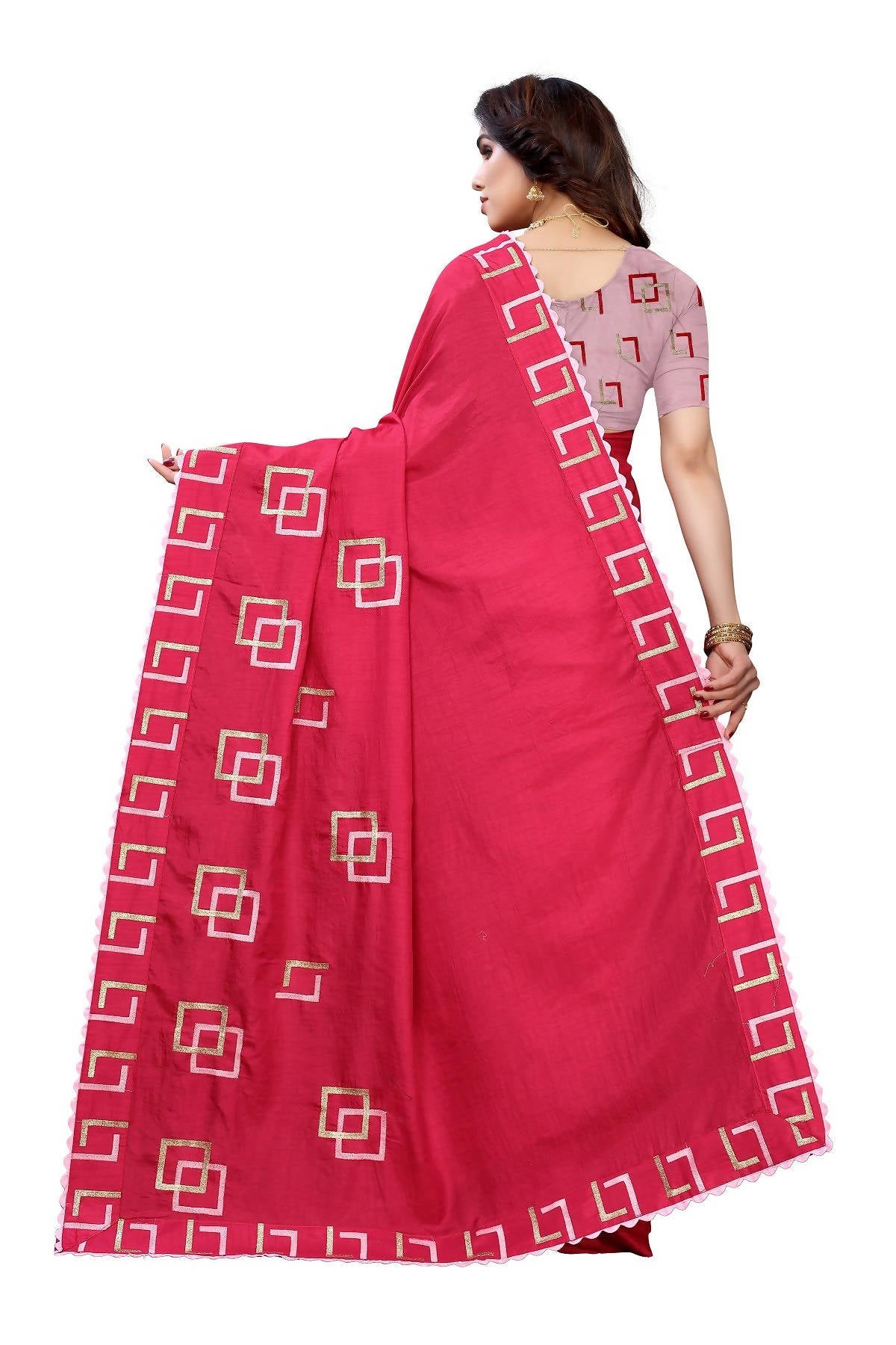 Vamika Red Dola Silk Embroidery Saree (MESHVI PINK) - Distacart