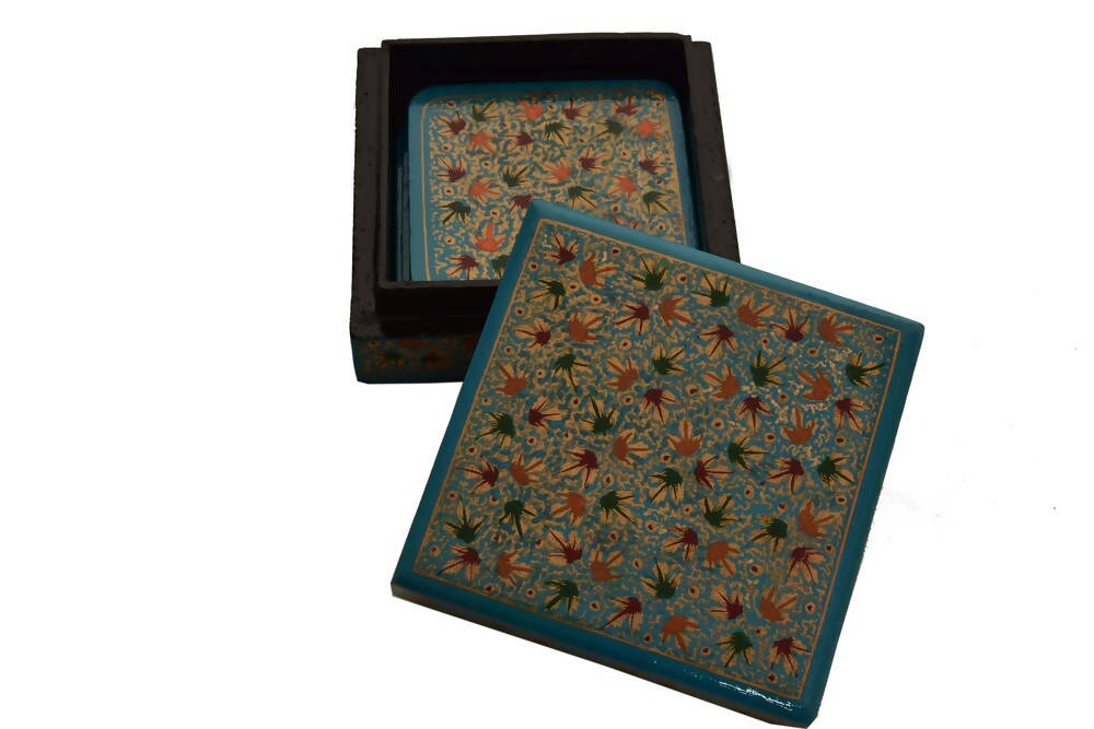 Nizalia Chinar Leaf Embossed Blue Paper Mache Square Coasters