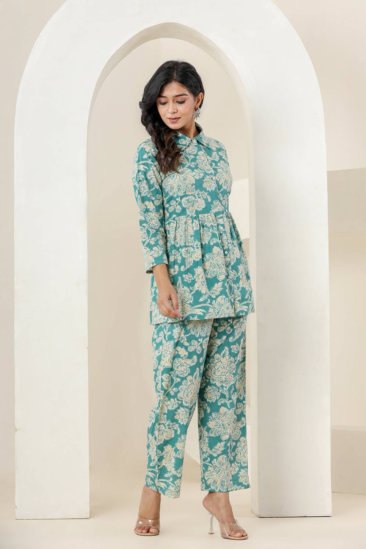 Kaajh Women's Turqouise Gold Print Cotton Co-ord Set - Distacart