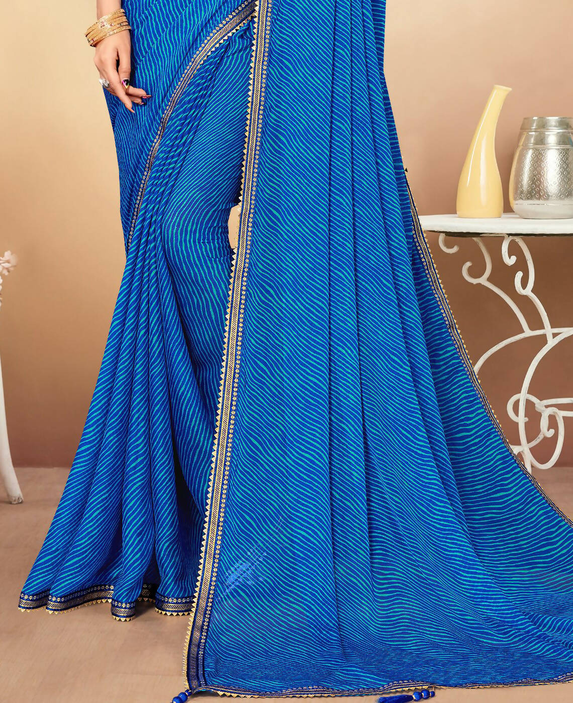 Blue Chiffon Leheriya Printed Saree With Unstitched Blouse Piece - Swarna - Distacart
