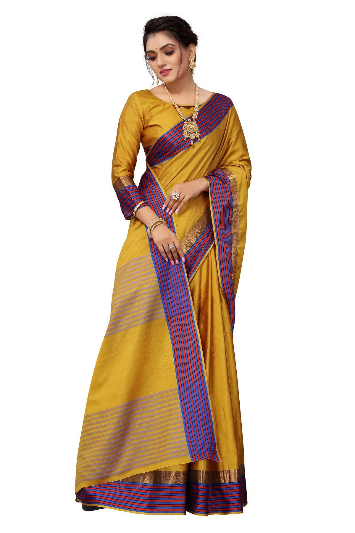 Vamika Ethnic Fire Mustard Cotton Silk Saree - Distacart