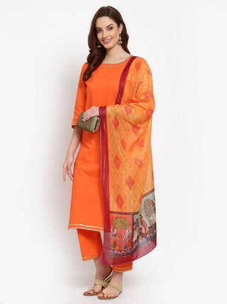 Myshka Women's Orange Solid Cotton 3/4 Sleeve Round Neck Casual Kurta Pant Dupatta Set