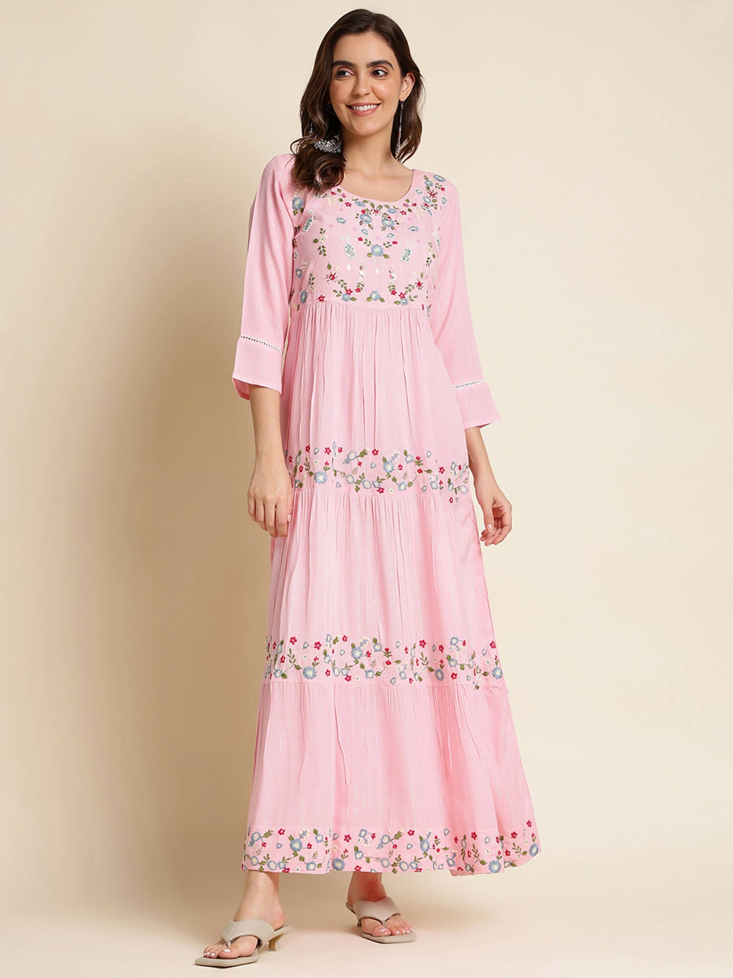 Pink Chinon Floral Embroidered Dress - Nandani - Distacart