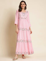 Thumbnail for Pink Chinon Floral Embroidered Dress - Nandani - Distacart