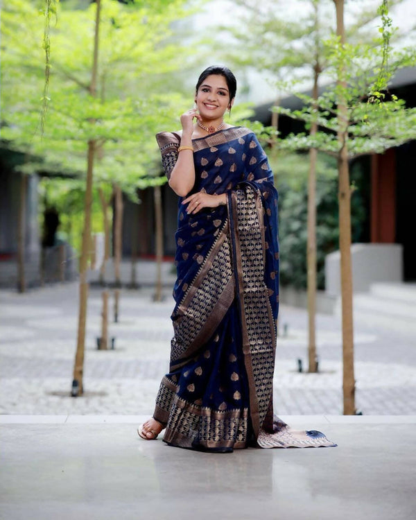 DEIANA'S Beautiful Golden Jari with New Design Soft Lichi Silk Saree - Navy Blue - Distacart
