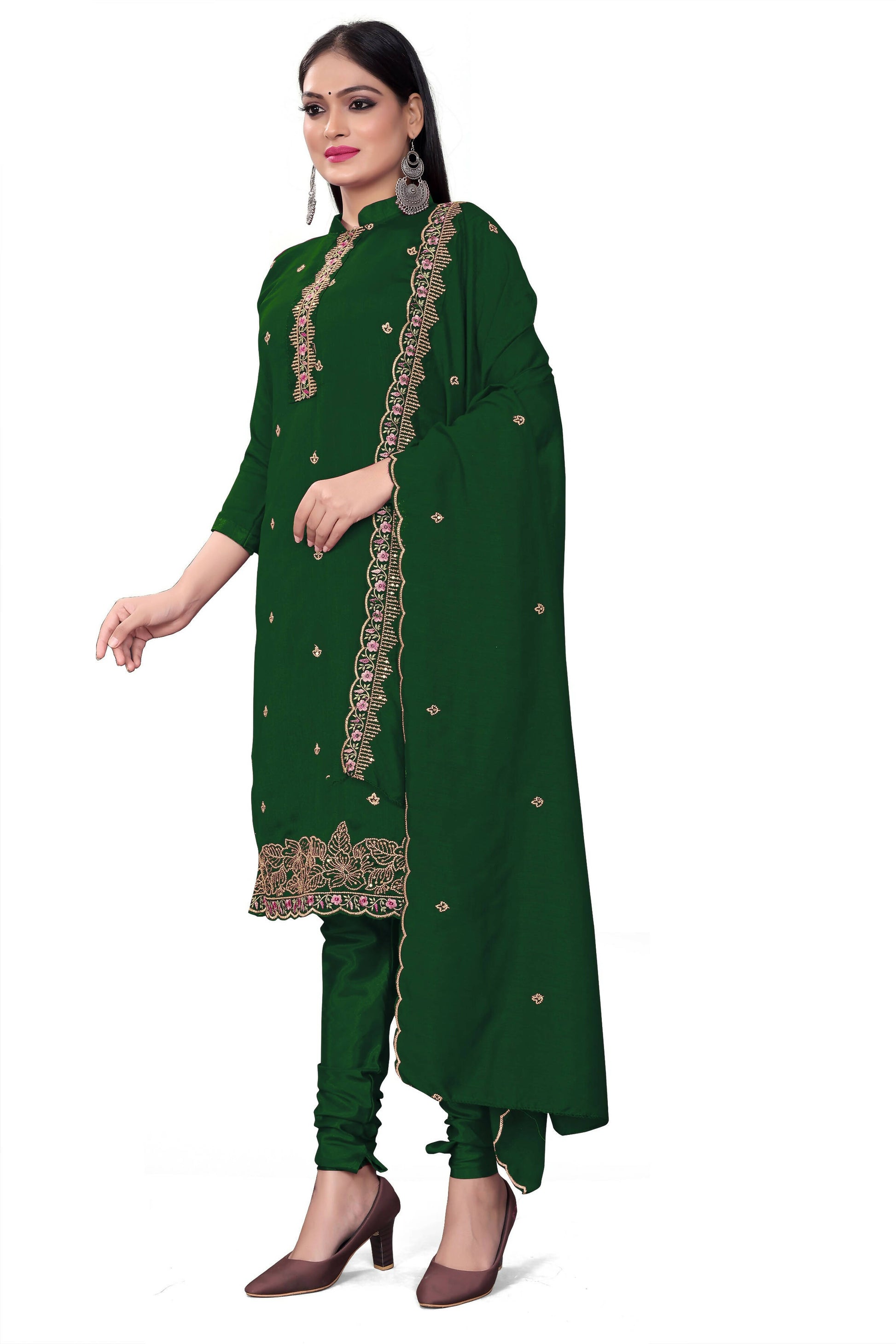 Green Silk Embroidered with Sequins work Unstitched Dress Material - Tanvi - Distacart