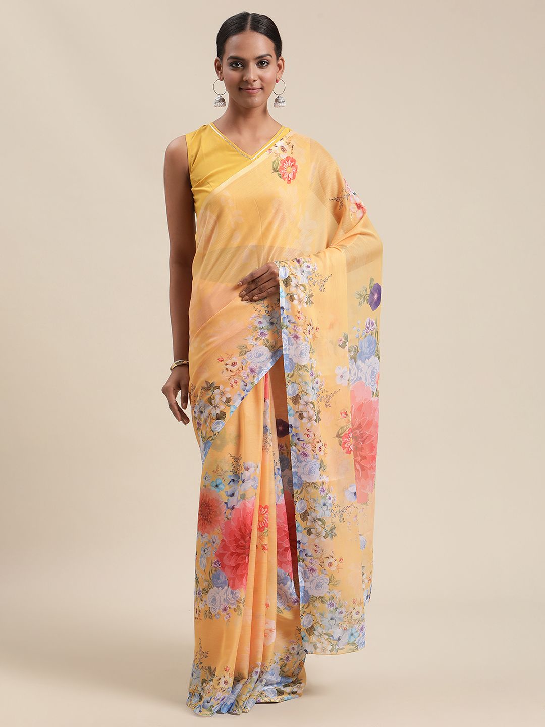 Ahalyaa Women's Mustard Colour Chiffon Digital Print Floral Saree - Distacart