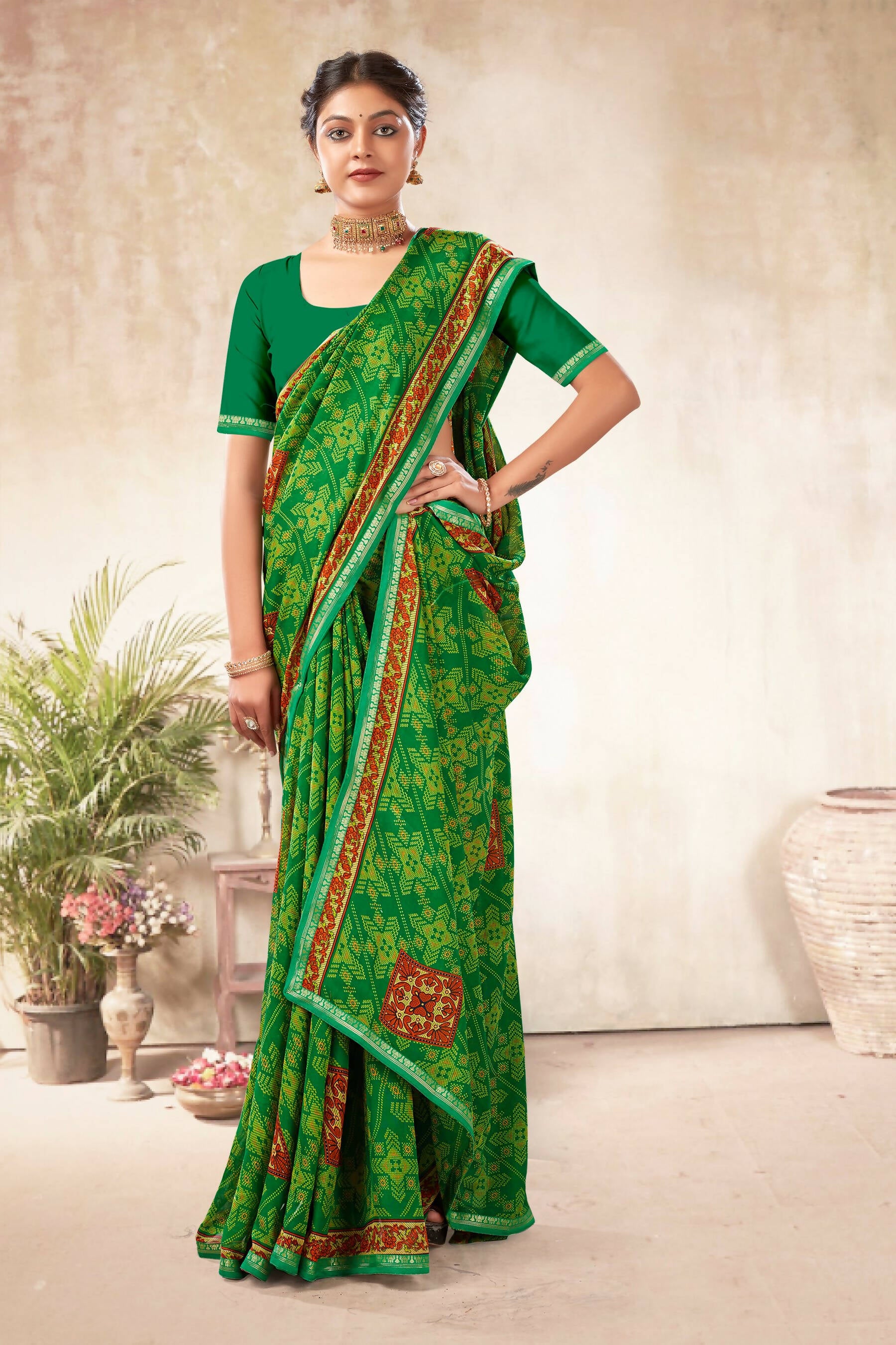 Green Georgette Bandhni Printed Saree With Unstitched Blouse Piece - Shanaya - Distacart