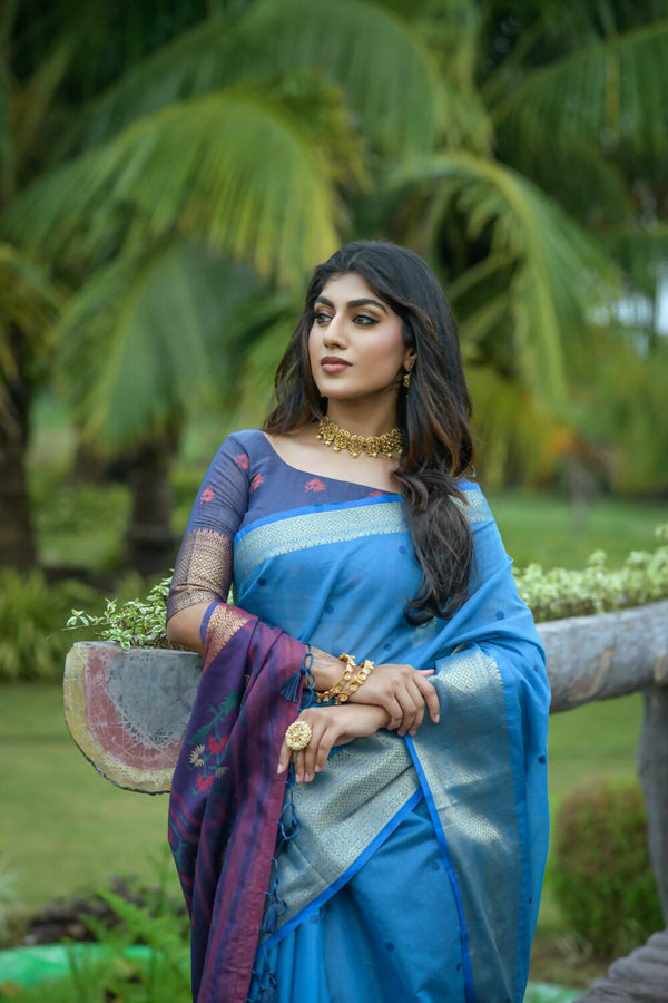 Vishnu Weaves Women's Blue Cotton Silk Zari Woven Saree with Blouse - Distacart