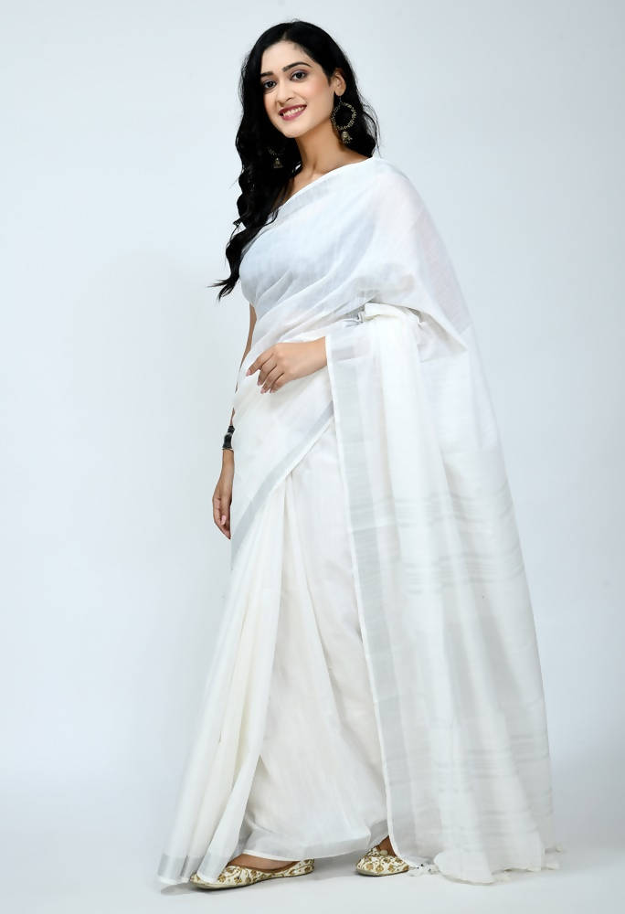 Mominos Fashion Moeza Bhagalpuri Handloom Silk White Saree