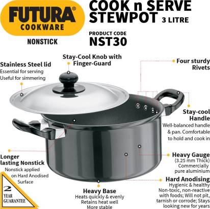 Hawkins Futura Non-stick Cook n Serve Stewpot 20 cm Diameter 3 L with Lid (NST30) - Distacart