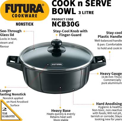Hawkins Futura Non-stick Cook-n-Serve Bowl with Glass Lid 23 cm Diameter 3 L (NCB30G) - Distacart