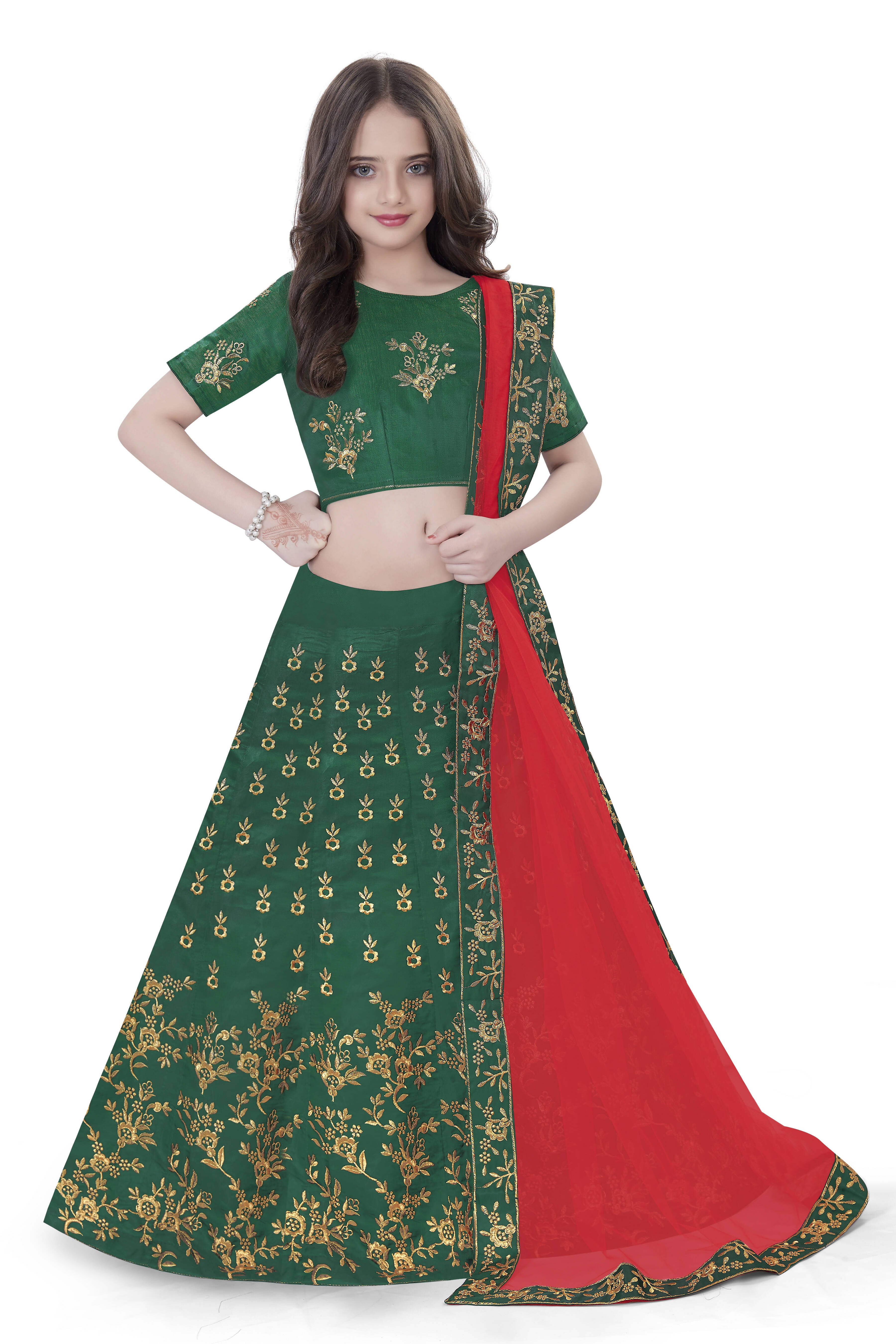 Dwiden Green Baby Doll Tafetta Sattin Semi-Stitched Girl's Lehenga Choli - Distacart