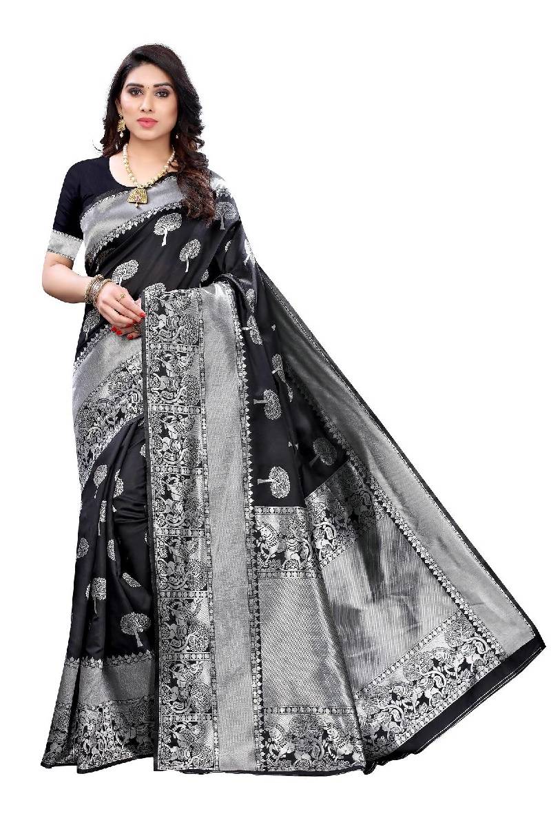 Vamika Banarasi Jacquard Weaving Black Saree (AMEE BLACK) - Distacart