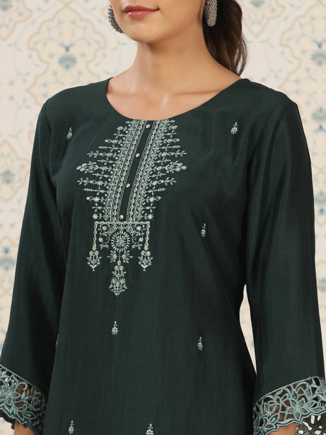 Dark Green Chinon Embroidered Straight Top - Zeny - Distacart