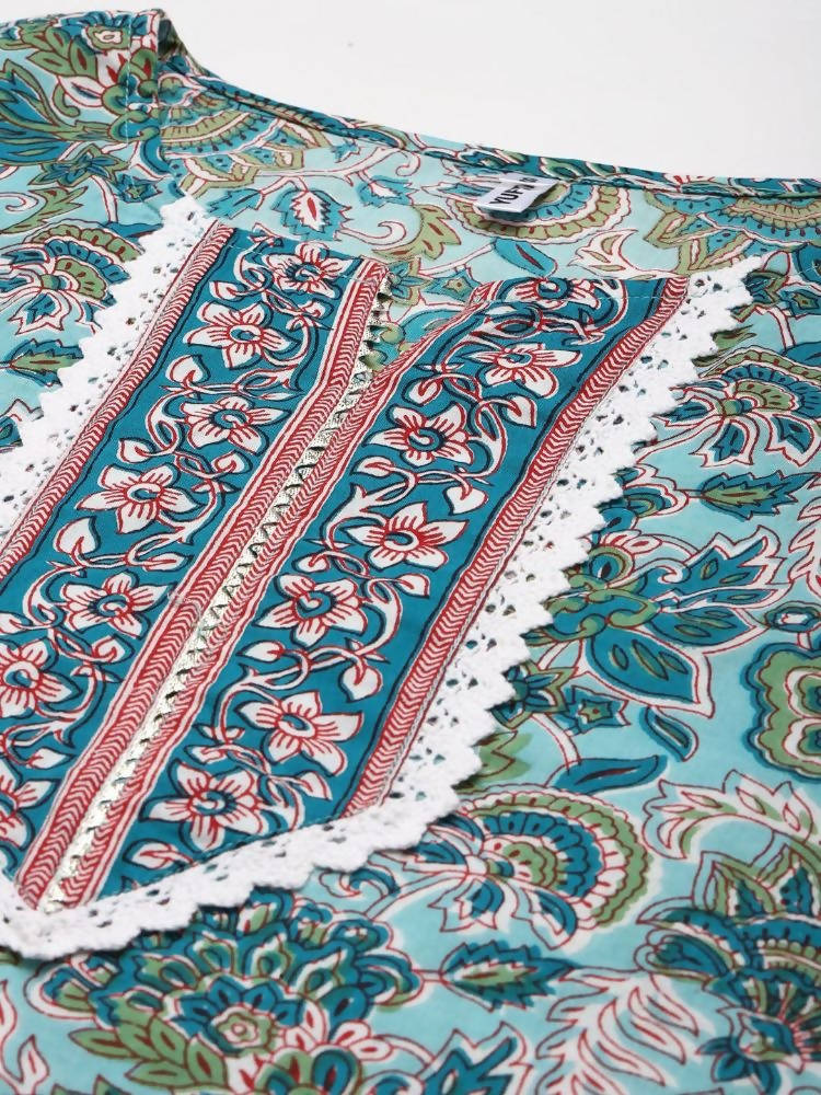 Yufta Green Hand Block Printed Kurta with Trouser and Dupatta