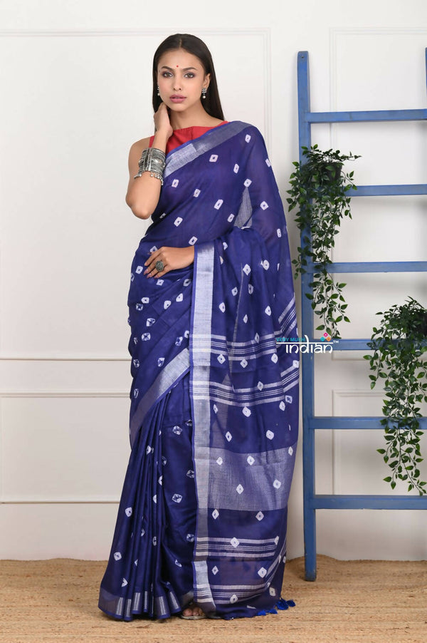 Very Much Indian Handmade Tie And Dye Cotton Saree By Women Weavers - Indigo Blue - Distacart