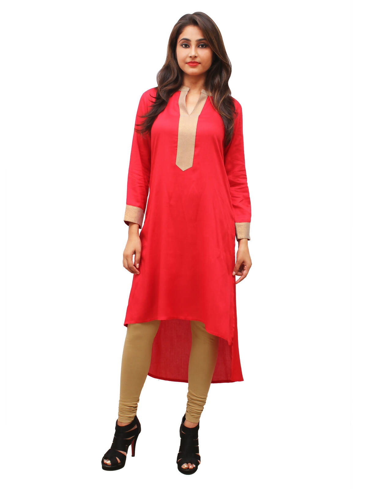 Women's Red Kurti With Zari Placket, Up Down Look - G & A Apparels - Distacart
