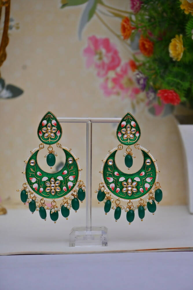 Gold Plated Brass & Pearl Dangle Women Green Hand Painted Meenakari Chandbali Earrings By House of Ree - Distacart