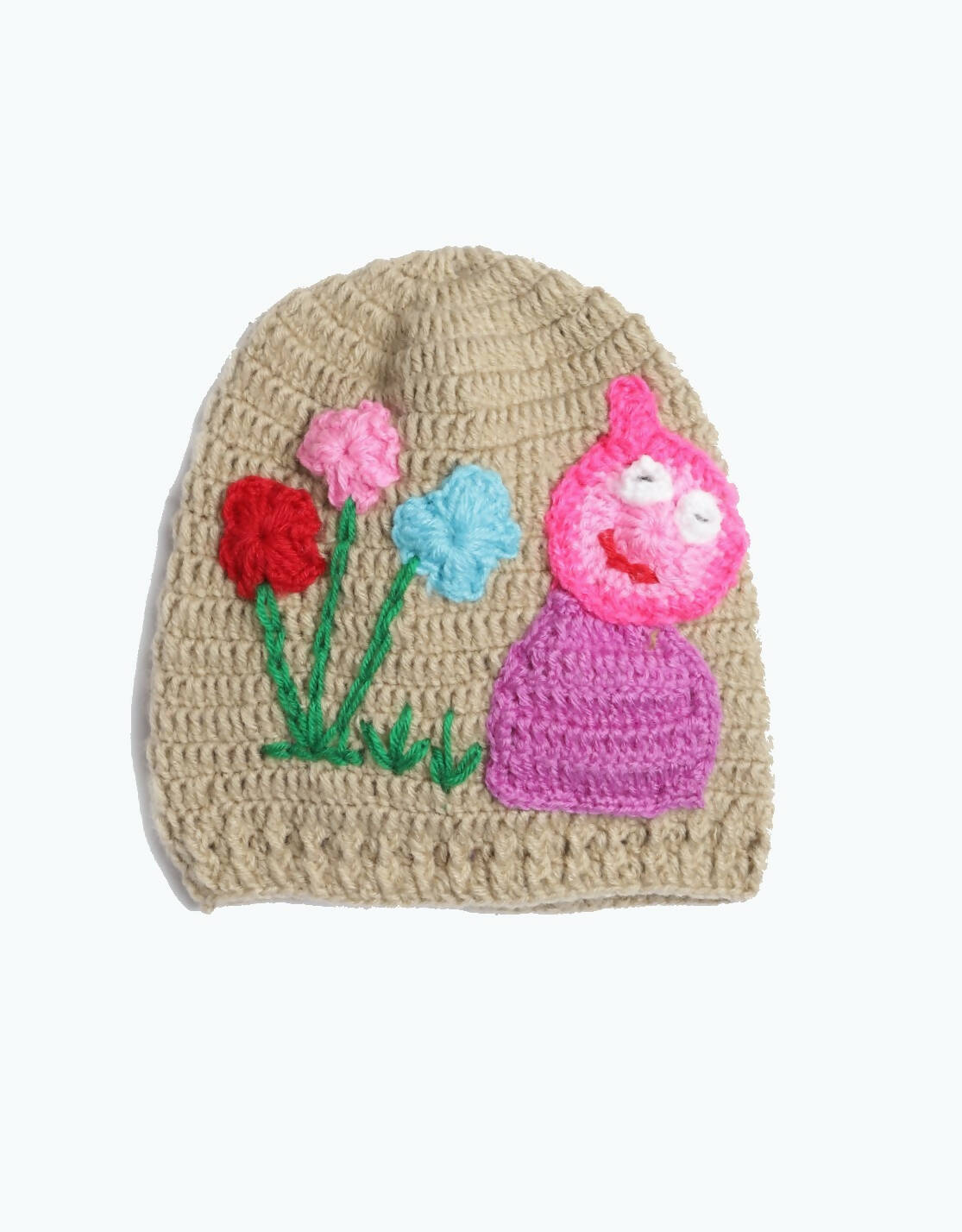 Chutput Kids Woollen Hand Knitted Flower And Animal Detail Cap - Beige - Distacart