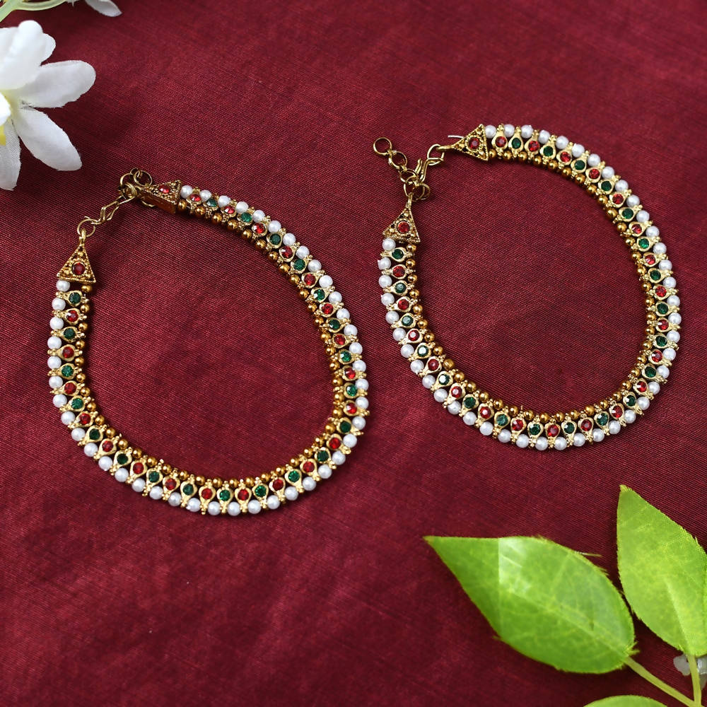 Mominos Fashion Kamal Johar Multi Kundan Anklets With Pearls