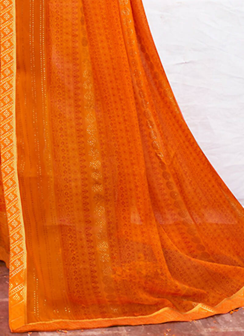 Orange Georgette Foil Printed Saree with Unstitched Blouse Piece - Avika - Distacart