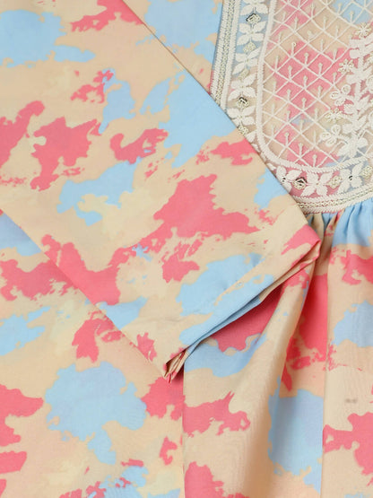 Beige & Pink Poly Crepe Digital Printed Top with Matching Bottom - Preeti - Distacart