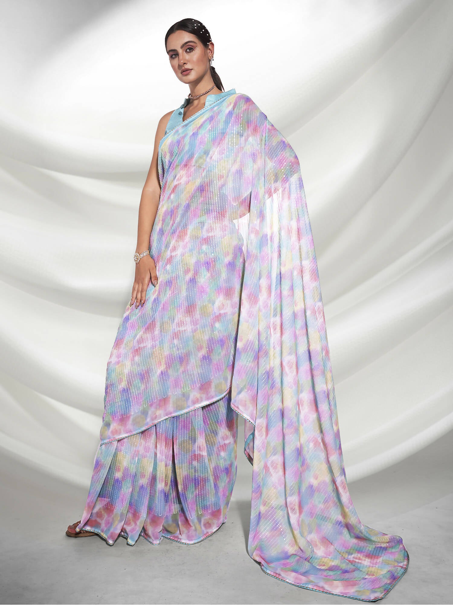 Blue Georgette Sequence Embroidery Saree With Unstitched Blouse Piece - Rajal - Distacart