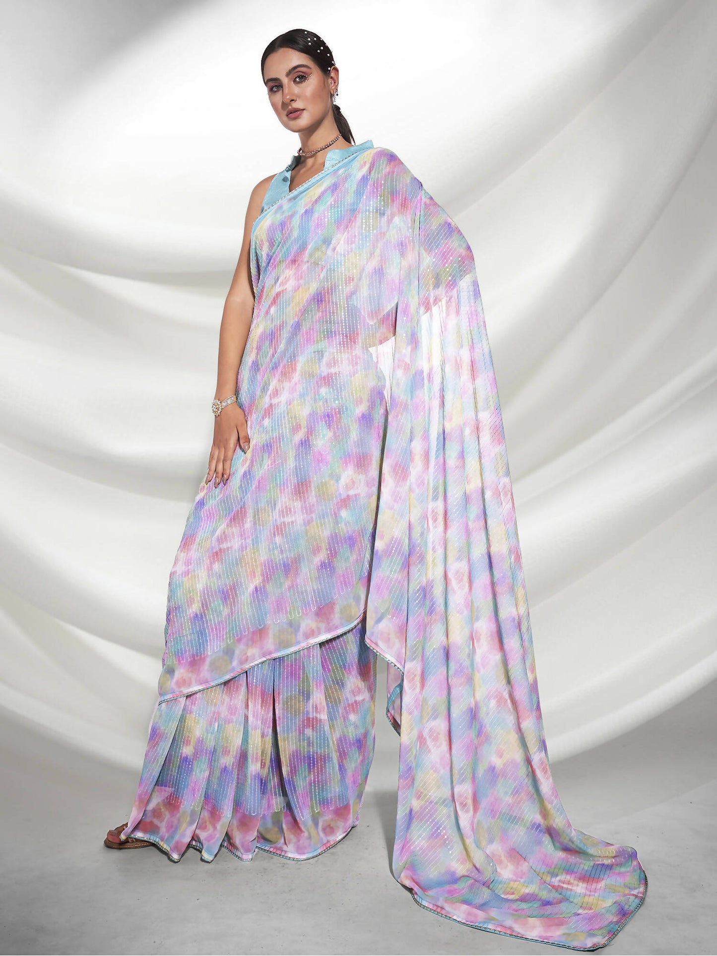 Blue Georgette Sequence Embroidery Saree With Unstitched Blouse Piece - Rajal - Distacart