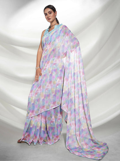 Blue Georgette Sequence Embroidery Saree With Unstitched Blouse Piece - Rajal - Distacart