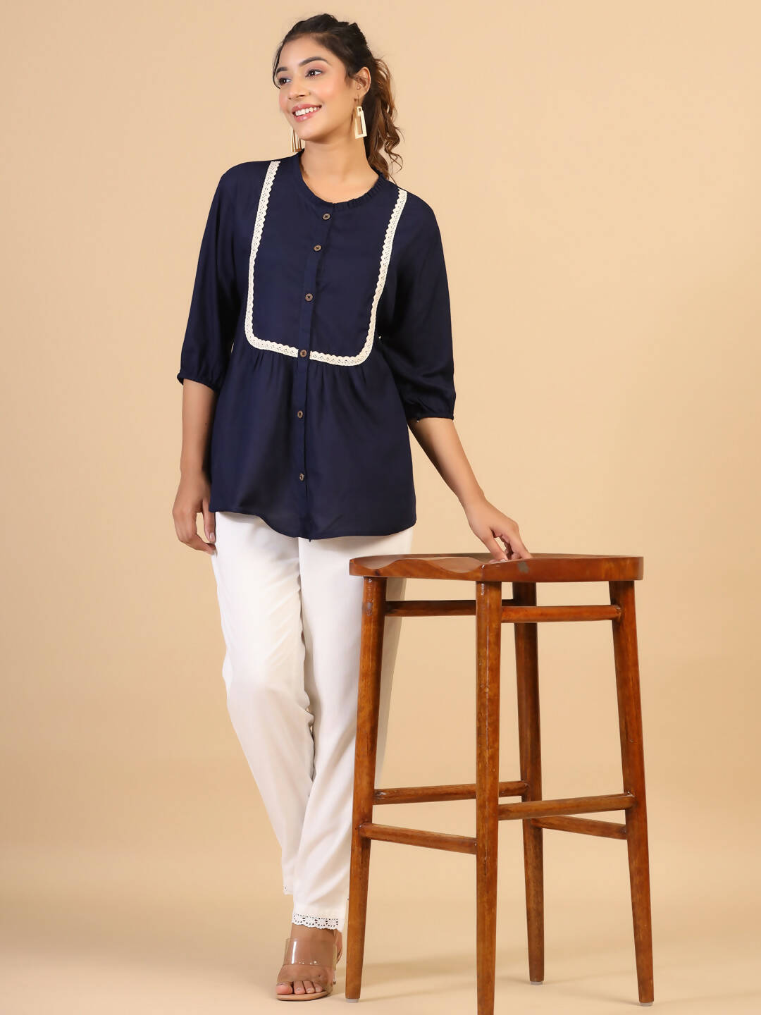 Womens Dark Blue Rayon Solid Top - Keeva - Distacart