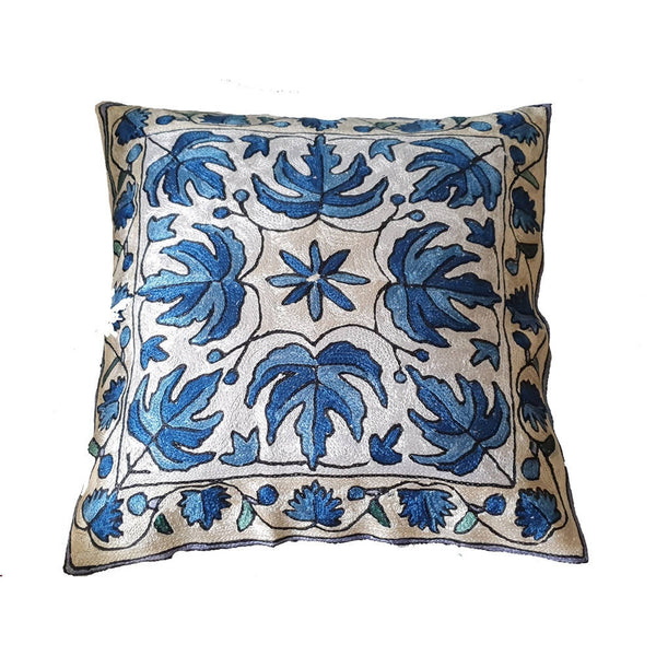 The Decor Nook Hand embroidered Crewel Cushion Covers in Blue Chinar Leaf Motif with Off White Base - Distacart