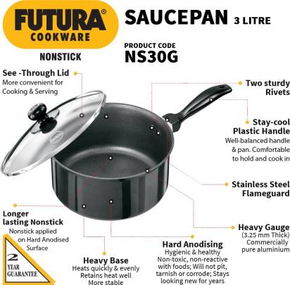 Hawkins Futura Non-stick Sauce Pan 20 cm Diameter with Lid 3 L (NS30G) - Distacart