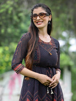 Thumbnail for Juniper Black Georgette Festive Printed A-Line Dress For Women - Distacart
