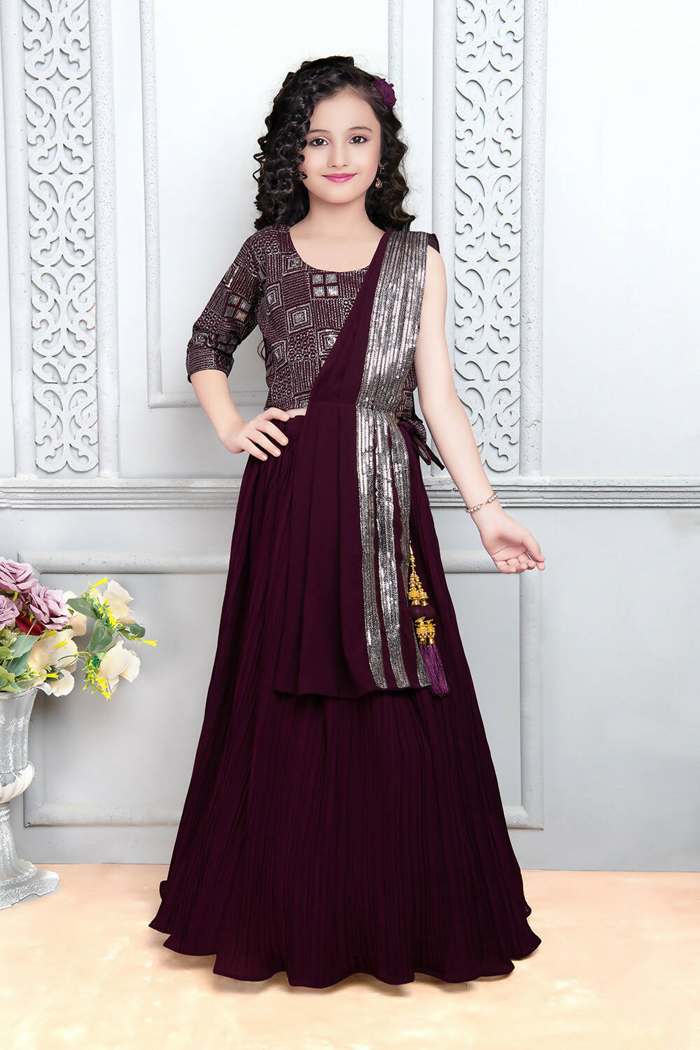 Kids Wedding Designer Wine Heavy Georgette Lehenga Choli - Aaradhna - Distacart