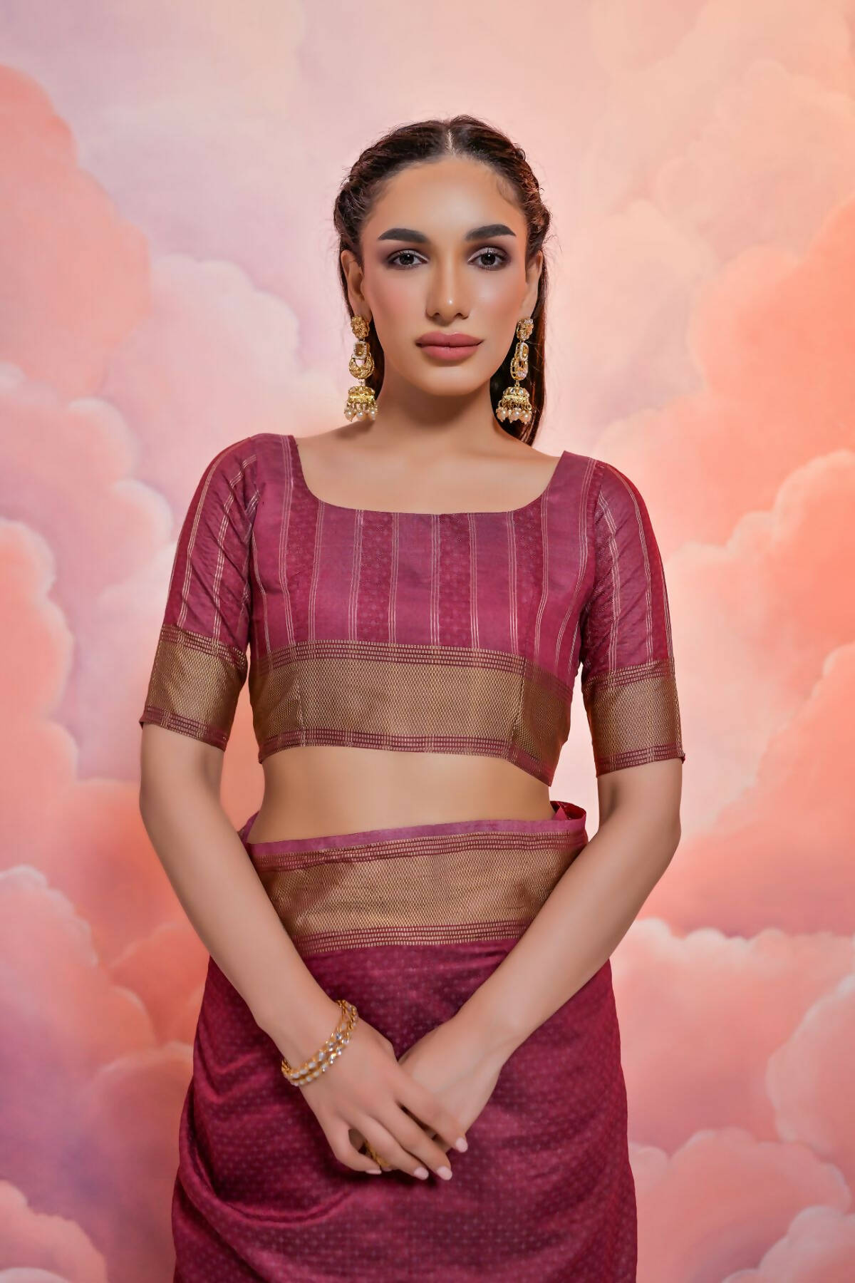 Vishnu Weaves Women's Maroon Cotton Self Weaving Saree with Blouse - Distacart